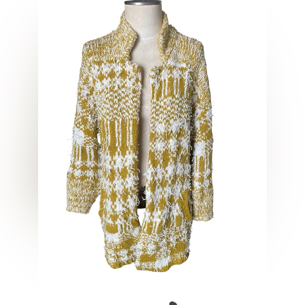 Anthropologie Mustard and Cream Textured Cardigan
